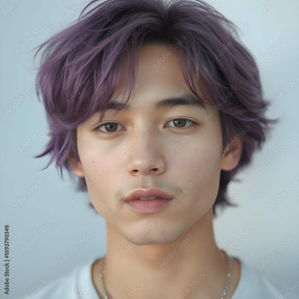 Un encantador joven asiático de cabello morado vibrante. Un encantador joven asiático de cabello morado vibrante.