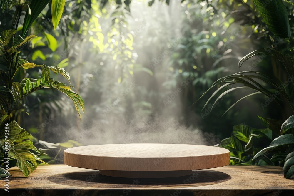 Natural Wooden Platform in a Sunlit Lush Jungle Setting Natural Wooden Platform in a Sunlit Lush Jungle Setting