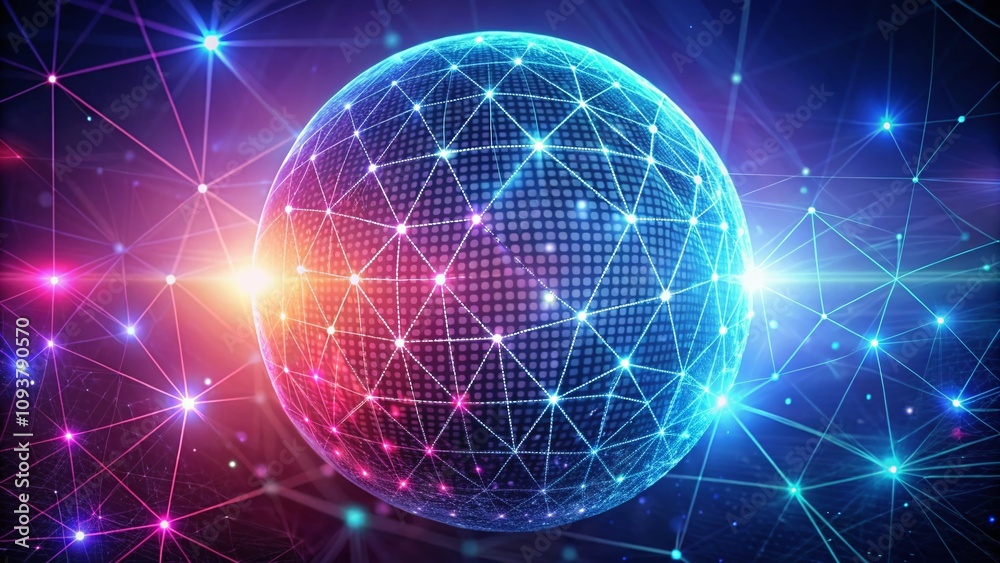 Big Data Technology Concept: Interconnected Polygons Forming a Sphere with Binary Code on a Pink and Dark Blue Background for Data Processing and Analytics Visualization Big Data Technology Concept: Interconnected Polygons Forming a Sphere with Binary Code on a Pink and Dark Blue Background for Data Processing and Analytics Visualization