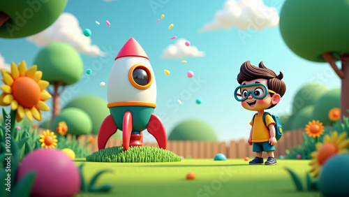 Young boy with toy rocket in summer garden - 3D cartoon animation style - Generative AI