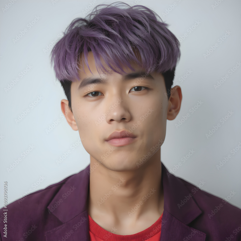 Un hermoso joven asiático con pelo morado llamativo. Un hermoso joven asiático con pelo morado llamativo.