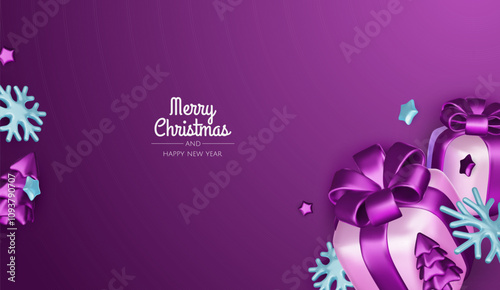 Happy New Year and Merry Christmas. Christmas holiday background with realistic 3d objects, bauble balls, conical metal stars. Levitation falling design composition.