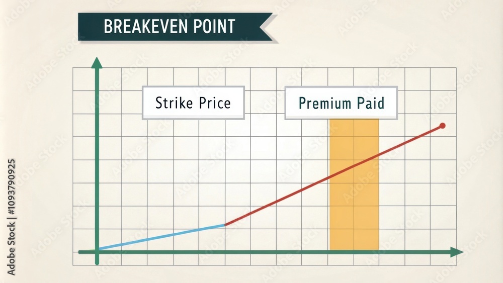 A graphic depicting the breakeven point for a call option based on strike price and premium paid. A graphic depicting the breakeven point for a call option based on strike price and premium paid.