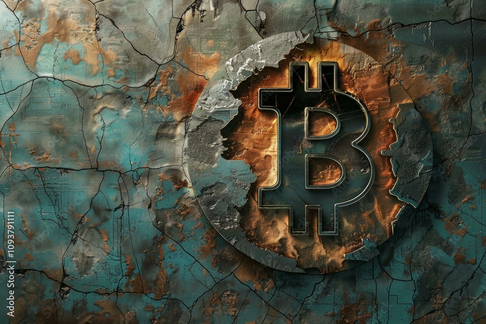 Bitcoin cryptocurrency symbol emerging from a cracked wall background, conveying concepts of volatility, resilience, and the enduring nature of digital currency Bitcoin cryptocurrency symbol emerging from a cracked wall background, conveying concepts of volatility, resilience, and the enduring nature of digital currency
