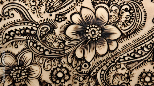 A paisley-inspired henna pattern in dark brown ink on a hand filled with delicate floral details.