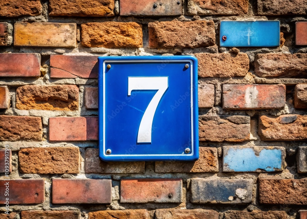 Blue Sign with White Number Seven Hanging on a Brick Wall in an Urban Setting, Capturing the Contrast of Colors and Textures in Landscape Photography Blue Sign with White Number Seven Hanging on a Brick Wall in an Urban Setting, Capturing the Contrast of Colors and Textures in Landscape Photography