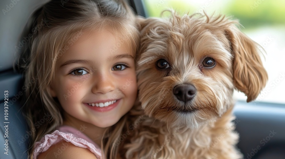 Adorable Girl and her Fluffy Dog in a Car Adorable Girl and her Fluffy Dog in a Car