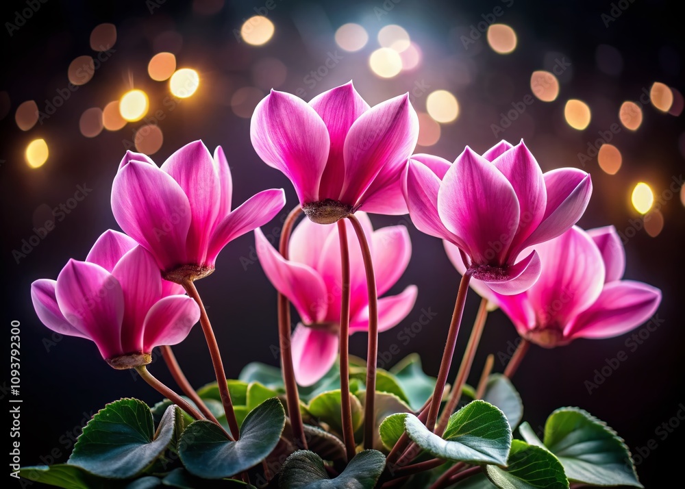 Bokeh Effect on Pink Cyclamen Persicum Petals with Selective Focus Against a Black Background for Floral Photography Enthusiasts Bokeh Effect on Pink Cyclamen Persicum Petals with Selective Focus Against a Black Background for Floral Photography Enthusiasts