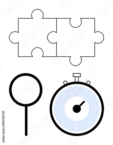 Puzzle pieces magnifying glass stopwatch. Ideal for teamwork problem-solving analysis research time management, focus, precision. Exploration, discovery, efficiency, collaboration, strategy