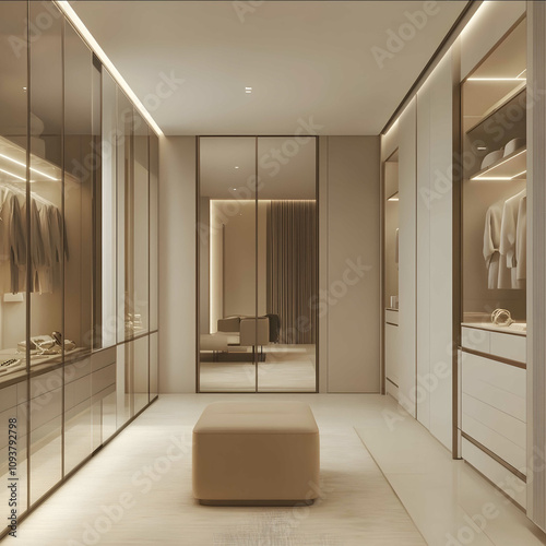 Modern photorealistic interior of a luxurious womens dressing room designed for a magazine cover The room features exclusively light beige tones with cle photo