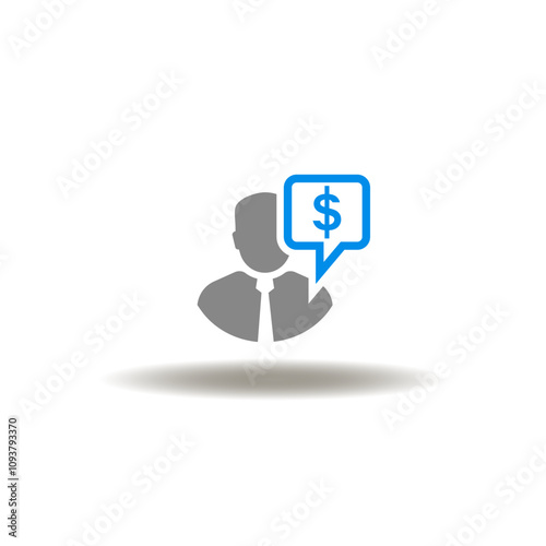 Vector illustration of business person and speech bubble with dollar currency. Symbol of financial consultant. Icon of finance advising.