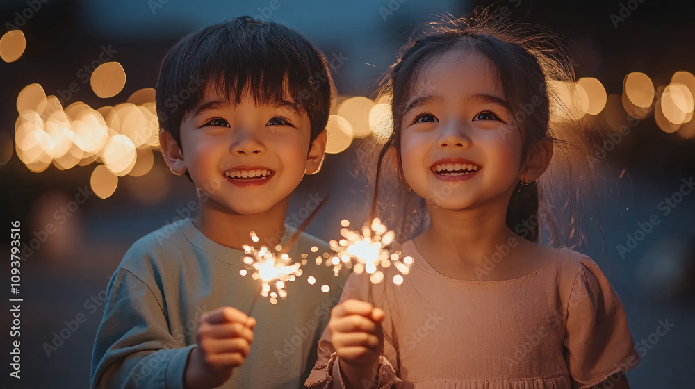 Two cheerful cartoon children celebrate with sparklers in a festive, minimalistic atmosphere, perfect for birthdays, celebrations, or New Year's events. Two cheerful cartoon children celebrate with sparklers in a festive, minimalistic atmosphere, perfect for birthdays, celebrations, or New Year's events.
