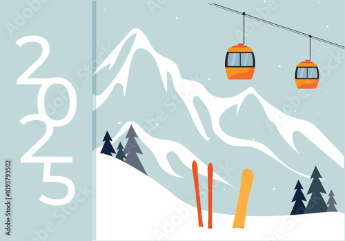 winter mountain landscape with ski lift. 2025 year