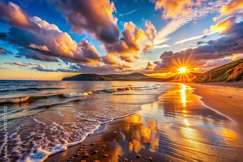 Breathtaking Bokeh Effect of Sunset at Ballantrae Bay Beach Capturing Vibrant Colors and Calm Waves, Ideal for Serene Coastal Landscapes and Tranquil Nature Scenes photo