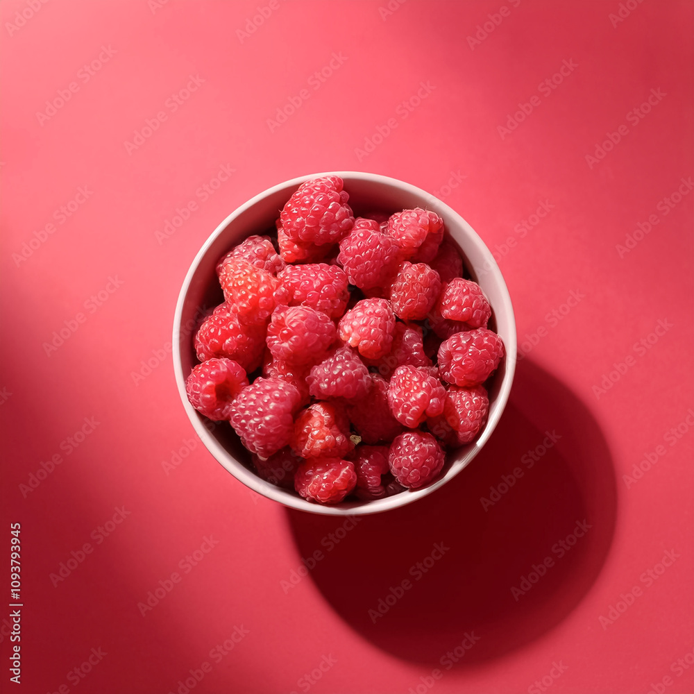Fresh Raspberry in a bowl on Pastel bright red background Fresh Raspberry in a bowl on Pastel bright red background
