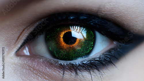 A radiant green eye with orange undertones blending seamlessly around the pupil.