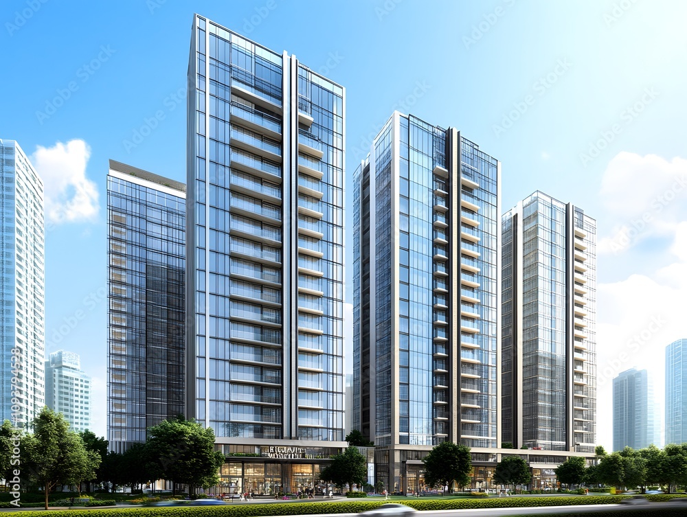 Modern high-rise buildings with glass facades and greenery in an urban setting. Modern high-rise buildings with glass facades and greenery in an urban setting.