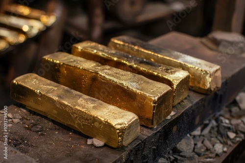 Several gold bars are lying on a wooden surface, gleaming under the light