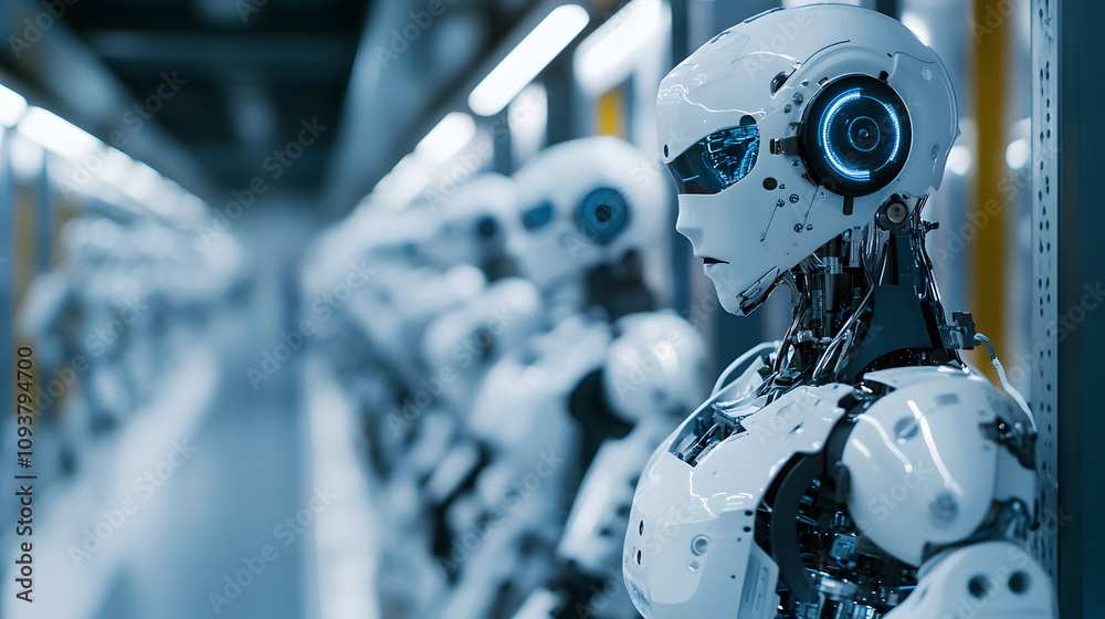 Fototapeta premium A robotics lab with humanoid robots undergoing testing and adjustments.