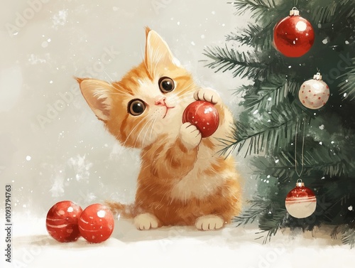 Curious ginger kitten playing with Christmas red baubles  on white background. Holiday pet portrait