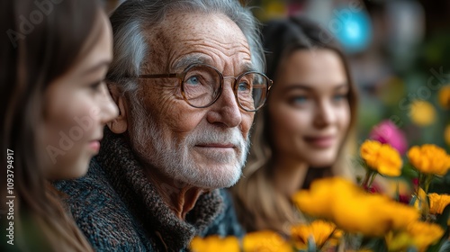 Elderly person with family outdoor garden portrait vibrant flowers emotional connections and awareness