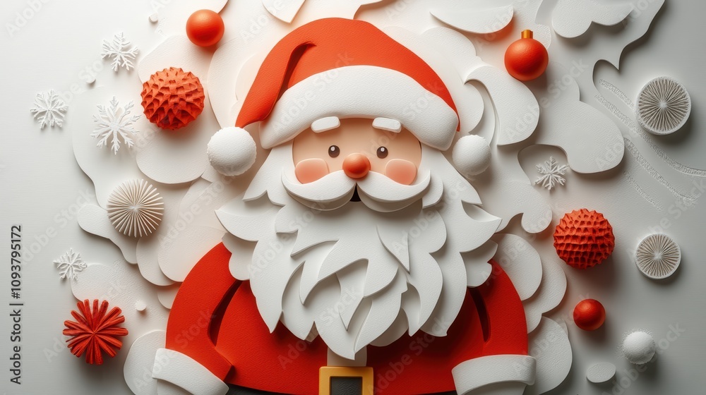 Fototapeta premium Cheerful Santa Claus Decoration in a Festive, Colorful Design with Snowflakes and Ornaments for Holiday Celebration and Christmas Spirit