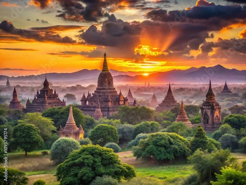 Breathtaking Panoramic View of Bagan's Ancient Temples Silhouetted Against a Vivid Sunset Sky, Capturing the Timeless Beauty of Myanmar's Historical Landscape