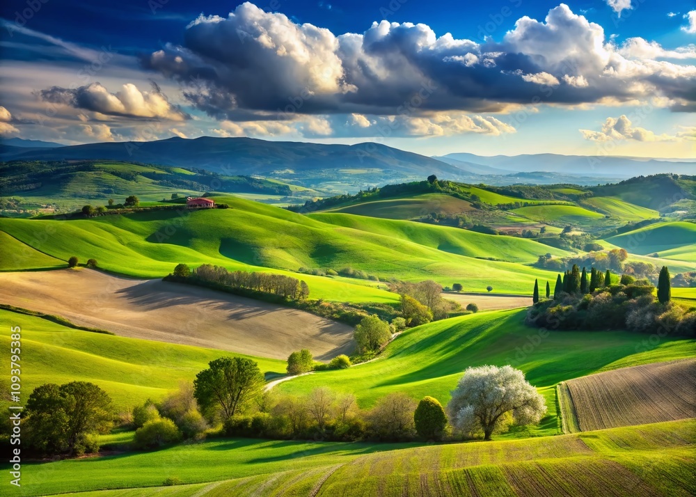 Fototapeta premium Breathtaking Panoramic View of Tuscany's Spring Landscape Showcasing Lush Green Meadows and Plowed Fields Under a Clear Blue Sky