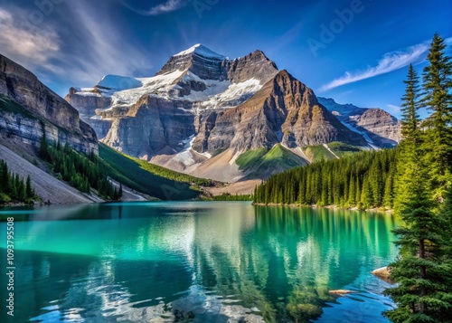 Breathtaking Rearguard Mountain and Berg Lake View with Stunning Berg Glacier in Mount Robson Provincial Park, British Columbia, Canada – A Nature Lover's Paradise photo