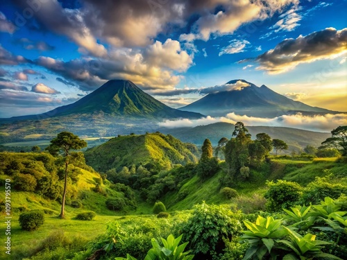 Breathtaking Scenic View of Mount Gahinga and Mount Muhabura from Mount Sabyinyo in Mgahinga Gorilla National Park, Uganda – A Natural Wonder of the Virungas Region photo