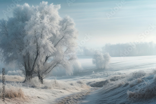 winter landscape with trees, field and fog, illustration., watercolor style, photo