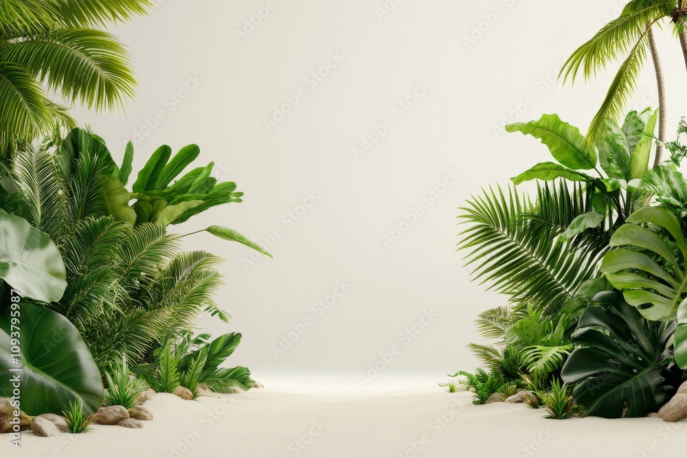 Fototapeta premium Tropical Paradise Escape, A serene sandy beach bordered by vibrant palm trees and lush foliage, offering a tranquil and minimalist setting for relaxation and rejuvenation.