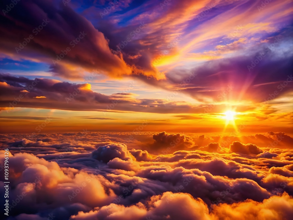 Breathtaking Sunset Above the Clouds with Sunlight Streaming Through, Capturing the Beauty of Nature's Light and Color in a Serene Sky Landscape Breathtaking Sunset Above the Clouds with Sunlight Streaming Through, Capturing the Beauty of Nature's Light and Color in a Serene Sky Landscape