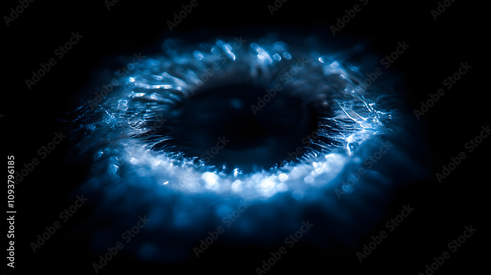 A radiant sapphire eye with light radiating from the center creating a glowing halo. A radiant sapphire eye with light radiating from the center creating a glowing halo.