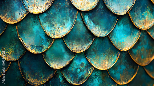 A shimmering fish scale pattern in iridescent shades of turquoise and gold.