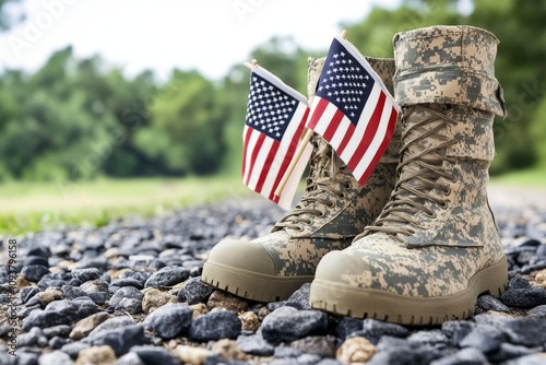 Veterans Day Tribute, American flags honorably displayed, heartfelt message for November eleventh, minimalistic backdrop, clean and simple design emphasizing respect and gratitude photo