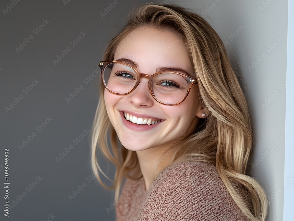 A jolly woman with blonde hair wearing glasses smiley face A jolly woman with blonde hair wearing glasses smiley face