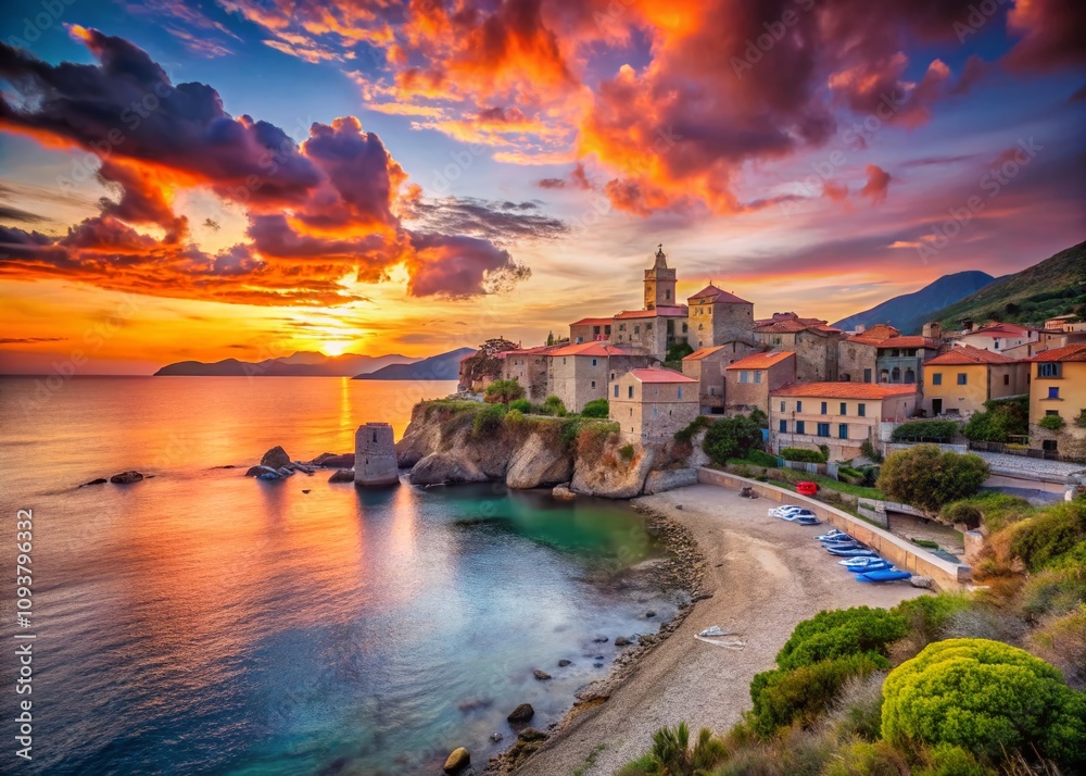 Fototapeta premium Breathtaking Sunset Over the Beach and Village of Algajola in Corsica, Capturing Vibrant Colors and Tranquil Atmosphere of the Mediterranean Coastline