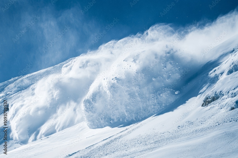 powerful avalanche cascading down a snow covered mountain, with snow and ice surging towards the base, minimal background with copy space powerful avalanche cascading down a snow covered mountain, with snow and ice surging towards the base, minimal background with copy space
