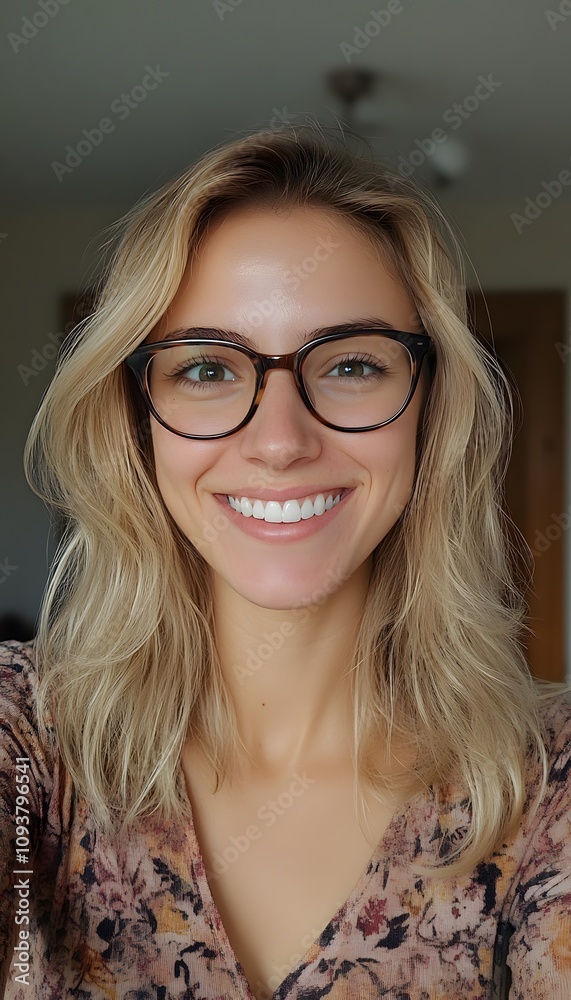 A jolly woman with blonde hair wearing glasses smiley face A jolly woman with blonde hair wearing glasses smiley face
