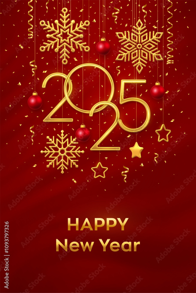 Happy New Year 2025. Hanging Golden metallic numbers 2025 with shining snowflakes, 3D metallic stars, balls and confetti on red background. New Year greeting card or banner template. Vector. Happy New Year 2025. Hanging Golden metallic numbers 2025 with shining snowflakes, 3D metallic stars, balls and confetti on red background. New Year greeting card or banner template. Vector.