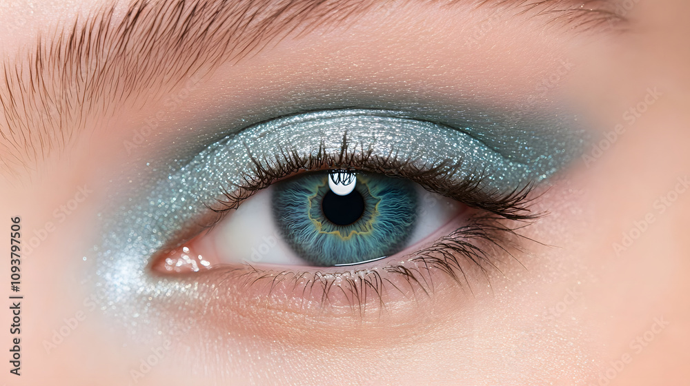 A soft teal eye with a gradient of blue and green hues blending together. A soft teal eye with a gradient of blue and green hues blending together.