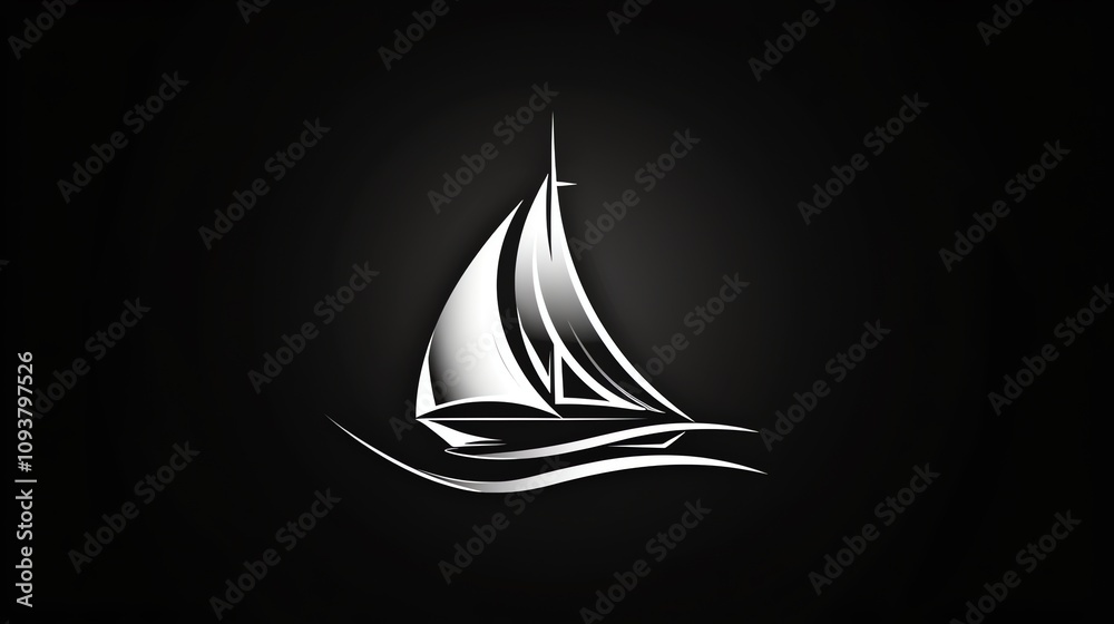 Fototapeta premium A simple, white silhouette of a sailboat on water with a crescent moon in the sky.