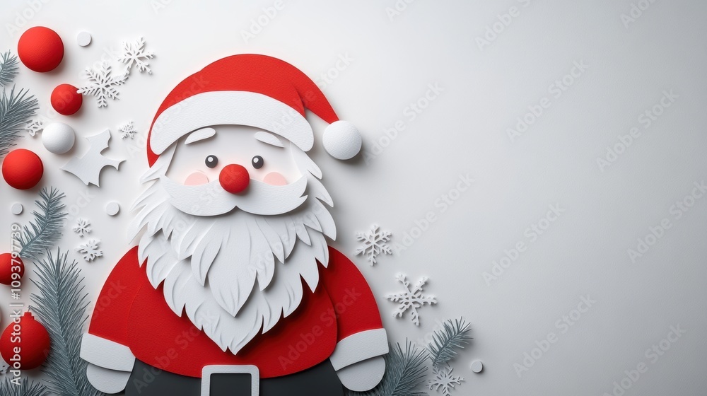 Festive Paper Art Illustration of Santa Claus with Red Hat and White Beard Surrounded by Christmas Ornaments and Snowflakes on a Light Background