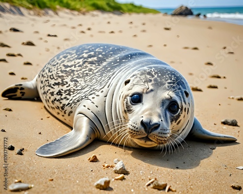 Grey seal (Halichoerus grypus), young animal lies on the beach, island Duene, Helgoland, Lower Saxony, Germany, Europe photo