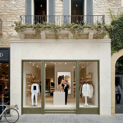 Beige winter shop front mockup, small store facade template for branding and business presentation, view of big window in European street