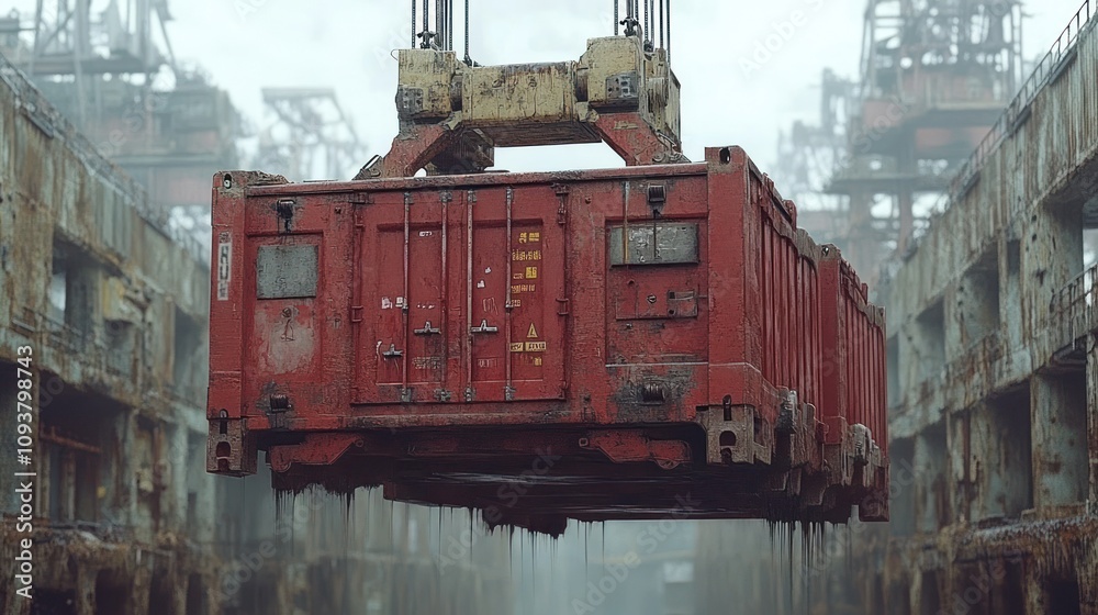 Rusty cargo container lifted by crane in shipyard. Rusty cargo container lifted by crane in shipyard.