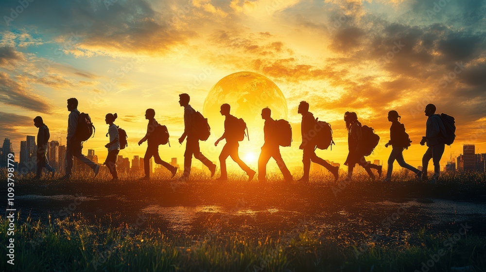 Human migration journey urban sunset inspirational image conflict zone silhouetted perspective humanity and hope Human migration journey urban sunset inspirational image conflict zone silhouetted perspective humanity and hope