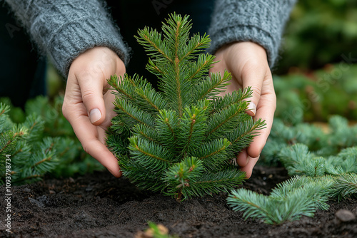 Hands planting evergreen tree. Reforestation, forestation concept