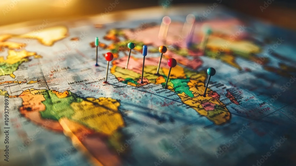 Closeup of push pins on world map, travel concept. Closeup of push pins on world map, travel concept.